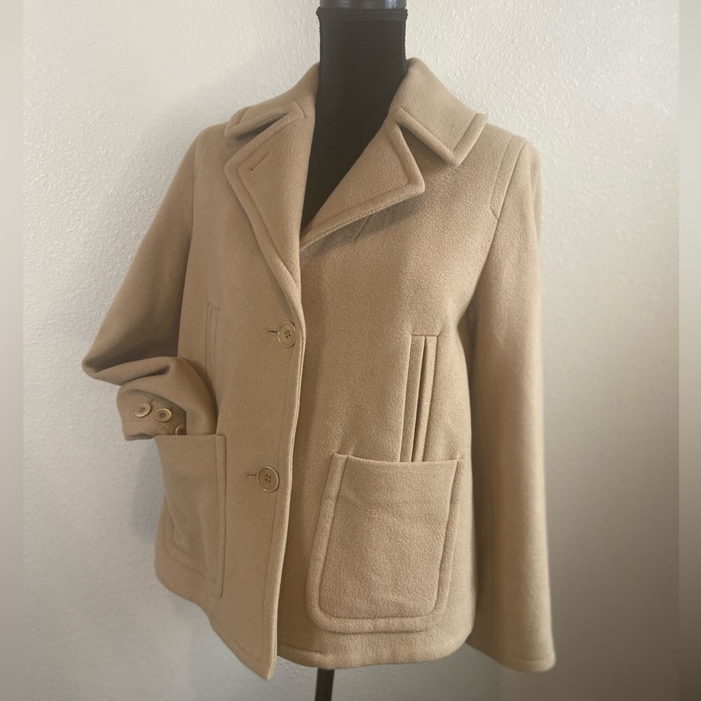 Talbots Petites~Tan~Wool Blend~Quilt Lined~Pea Coat~Notched Lapel Collar~Size 6P